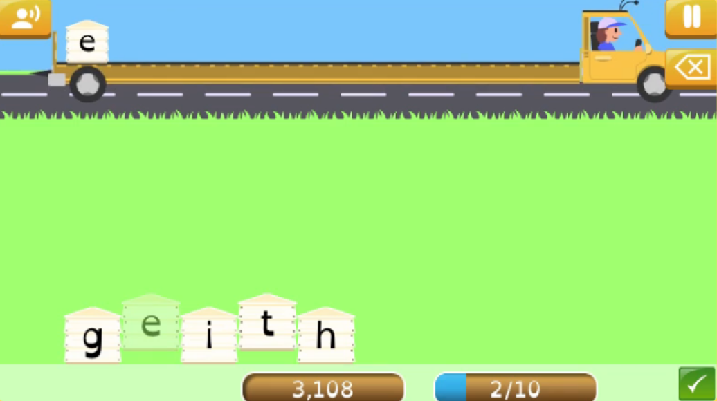 Screenshot of Shed Load game with jumbled shed shapped tiles with letters to spell eight